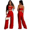 CY901285 Top de tirantes sexy de dos piezas con flores quemadas y pantalones anchos calados para mujer