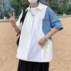 Camisa Patchwork Masculina Manga Curta Tendência Casual Solta Verão Novo Estilo Meia Manga Camisa Jaqueta Top Estilo Hong Kong