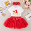 Vestido de festa de aniversário de verão para bebê menina, direto da fábrica, com letra 1 palavra, manga curta, saia khayi, acessórios de cabelo, conjunto de 3 peças