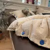 Conjunto de Roupa de Cama Minimalista Estilo Japonês Quatro Peças 100% Algodão, Conjunto de Três Peças para Dormitório Estilo Ins Sem Estampa, Tecido Colorido Trama, Algodão Lavado e Linho, Design com Botão de Corda