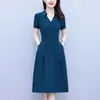Vestido Gola Camisa para Mulheres 2026 Verão Nova Moda Plus Size Elegante Afinando a Cintura Vestido de Manga Curta para Mães