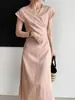 Ese Elegante Vestido Largo de Encaje con Cordones y Cuello en V Estilo Francés para Mujer, Hecho de Lino Transpirable, Adecuado para el Trabajo, Vestido Largo Adelgazante de Corte A 5026