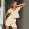 Comércio Exterior Europa e Estados Unidos Nova Malha Macia Roupas de Casa Pulôver Cordão Manga Curta Shorts Conjunto de Duas Peças Malha Pijama Feminino