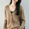Cardigan de tricô grosso de algodão puro estilo preguiçoso com gola V para mulheres, jaqueta suéter casual de tricô folgada, peça superior quente