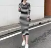 Vestido Suéter Longo Risca de Giz Preto e Branco Novo Primavera e Outono Slim Fit Com Capuz Emagrecedor Bodycon Vestido Longo