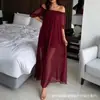 Comercio electrónico transfronterizo, estilo europeo y americano, vestido largo de malla transparente, camisón, bata, con abertura, sexy, transparente, diseño de un solo hombro, estilo de verano fino y transpirable