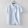 Camisa de lino con cuello vertical estilo chino para hombre, camisa de lino de algodón de manga corta, camisa de lino informal holgada de verano, camisa de lino a la moda