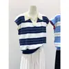 Camisa Base de Rayas Bloque de Color Dulce con Cuello Polo para Mujer, Top de Punto de Hombro Normal de Manga Corta Volante de Verano, Camiseta Fina de Manga Corta