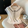 Tejido de punto de manga corta con solapa de color contrastante estilo coreano para mujer, Camisa de capa interior ajustada estilo universitario de verano, Top corto que ciñe la cintura