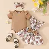 Comércio Exterior Bebê Saia Floral com Alça Franzida Manga Curta Lenço de Cabeça Hassel Conjunto de 3 Peças
