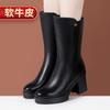 Botas de Cuero Genuino para Mujer 2025 Otoño e Invierno Nuevas Botas de Moda de Tacón Alto y Grueso de Media Caña de Cuero Forradas de Lana Botas de Caballero Estilo Británico