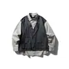 Camisa de Trabajo de Manga Larga para Hombre Rumen Estilo Japonés Otoño Color Bloque Retro Falsa de Dos Piezas Versátil Camisa Chaqueta