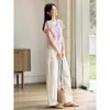 Camiseta de Verano Estilo Suave Urbano Romántico Estilo Coreano Mangas de Hoja de Loto Adelgazante Elegante para el Trabajo Cuello en V Tacto de Algodón