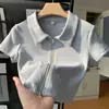 Camiseta Polo Lisa de Manga Curta para Mulheres, Estilo Novo 2026, Design de Verão com Zíper Duplo, Camiseta Curta de Base Slim Fit