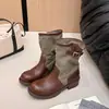 Botas de Moda Retro Piel Sintética Tacones Altos Media Pantorrilla Primavera Otoño 2026 Patchwork Botas Martin Western para Mujer Suela Gruesa Superficie de Tejido Nuevo