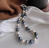 Colar Elegante Fresco Literário 12mm Cinza Platina Luz Fria Branco Gradiente Cor Mista Concha de Pérola Artificial