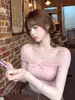 Camiseta rosa de manga corta con retazos de malla y hombros descubiertos para mujer, única y hermosa, corta y ajustada, top de verano para chicas con estilo