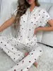 Ropa de Casa de Mejor Venta Transfronteriza Europea y Americana Traje de Dos Piezas con Pantalones para Mujer para Usar Afuera con Estampado de Cerezas y Mangas Cortas