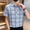 Camisa Nueva de Manga Corta de Verano Moda Masculina Casual Seda de Hielo Delgada Ajustada Moderna Versátil Camisa Cuadros Camisa de Pulgada