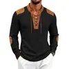 Camiseta henley casual holgada retro de punto gofrado para hombre de comercio exterior transfronterizo europeo y americano, primavera y otoño, de manga larga con cordón medieval