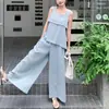 Chaleco Ligero de Estilo Suave Azul Adecuado para Mujeres Verano Nuevo Casual Pantalones de Pierna Ancha Elegante Conjunto de Dos Piezas