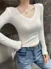 Estilo Simples Outono/Inverno Top Básico Engrossado de Fleece Manga Longa Decote V para Mulheres Emagrecedor Mostra a Figura Camiseta Curta com Ombros Almofadados Top