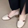Sapatos Femininos Retro Franceses de Corte Baixo 2026 Outono Novo Couro Macio Solado Macio Slip-on Bico Redondo Salto Bloco Versátil Sapatos para Mãe