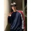 Sudadera sin capucha de bloques de color a rayas para hombre estilo americano, camiseta base de peso pesado para otoño, camiseta de manga larga de corte limpio