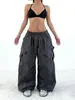 Calça casual estilo americano para mulheres, de secagem rápida, perna larga, fina, com bolsos grandes, corte solto, adequada para dança jazz, calça casual para paraquedista, moderna