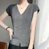 2025 Nuevo Estilo de Verano Cárdigan de Punto con Cuello en V de Cuentas Curvas, Manga Volante, Manga Corta, Color Puro Suelto y Versátil Tops y Chaquetas