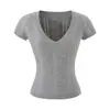 Top de Malha Curto com Manga Curta e Decote em V Estilo 'Hot Girl Pure Desire' para Mulheres, Novo Design de Verão, Costurado, Slim Fit, Camiseta Curta Ligeiramente Transparente