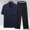Camisa de Manga Corta Bordada de Bolsillo para Hombre de Verano Elástica por los Cuatro Lados para Edad Media y Adultos Mayores Traje Casual