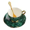 Estilo Europeo Lujo Ligero Verde Joya Porcelana Ósea Borde Dorado Juego de Café Cerámica Tarde Camelia Juego de Té Taza y Platillo de Café Juego de Regalo