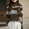 Cárdigan de Punto con Cuello Alto y Rayas de Color Contrastante Retro para Mujer, Nuevo Suéter de Manga Larga para Otoño e Invierno, Estilo Coreano Color Café Top Cálido