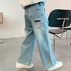 Calça Jeans Casual Soltinha de Cintura Alta Reta Wide Leg para Crianças Maiores, Nova Coleção Primavera e Outono 2026 para Meninas