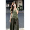 Camisa Retro Estilo Francés Verde con Mangas Murciélago, Cuello Entallado, Mangas Cortas, Corte Ajustado, Diseño Ceñido a la Cintura y Top Único para Mujer