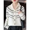 Otoño/Invierno 2026 Moda Casual Estilo Coreano Rayas Color de Contraste Cuello Solapa Suéter de Punto Cárdigan para Mujer Abrigo Holgado Estilo Perezoso