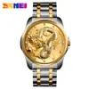 SKMEI Moda Estilo Chino Tótem Dragón Grabado Correa de Acero Inoxidable Reloj Calendario de Negocios para Hombre