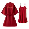 Roupão de Manhã de Casamento Feminino Noiva Madrinha Grupo Seda Gelada Pijama de Casamento Camisola Robe Vermelho Feminino Comprimento Médio Fino
