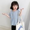 Camiseta básica de manga corta a rayas para niñas, cuello redondo, manga murciélago dividida, algodón, ropa infantil coreana, venta al por mayor