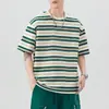 Ropa de Hombre Shanggu Verano Nueva Marca de Moda Hombres Rayas Manga Corta Retro Americano Holgado Estilo Japonés Cuello Redondo Camiseta Casual