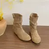 Hebilla Estilo Coreano Adelgazante Tacón Botas de Moda Diarias Color Sólido Punta Redonda Botines Botas de Media Caña Botas Otoño Invierno Retro Correa de Cuero Media