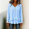 Novidades Outono/Inverno 2026: Roupas Femininas Transfronteiriças - Camisa Feminina de Manga Longa com Decote V Franzido e Barra Irregular