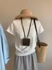 Playera de Manga Corta con Cuello U Gris Estilo Coreano para Mujer Verano Delgada Cuello Cuadrado Corto Tejido Hombro Descubierto