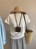 Camiseta de punto de seda helada estilo coreano, color gris, escote en U amplio, manga corta para mujer, top corto de verano petite con manga volada, fina
