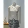 Blusa de tricô manga longa estilo francês para mulheres, moda outono e inverno, gola V, gola halter, cruzada, blusa base afina a silhueta, top único