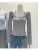 5195 # Camiseta de manga larga ajustada para mujer, Otoño e Invierno, Diseño Halter de Deseo Puro con Almohadilla en el Pecho, Camiseta Básica de Rayón Cepillado Elástico