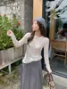 Suéter de punto redondo color amarillo leche para mujer, otoño e invierno, corte ajustado, muestra la figura, capa base interior, camiseta básica, hombro normal, manga larga