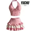26 Nuevo Traje de Baño Rosa Dulce de Dos Piezas con Cuello Halter, Oculta el Vientre, Adelgazante, con Volantes en Niveles, Conservador, para Resort de Aguas Termales para Mujeres