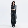 Jeans Anchos de Mezclilla Azul Oscuro con Degradado Estilo Americano para Mujer, Nuevo de Verano Cintura Alta Holgados Adelgazantes con Caída Rectos Hasta el Suelo